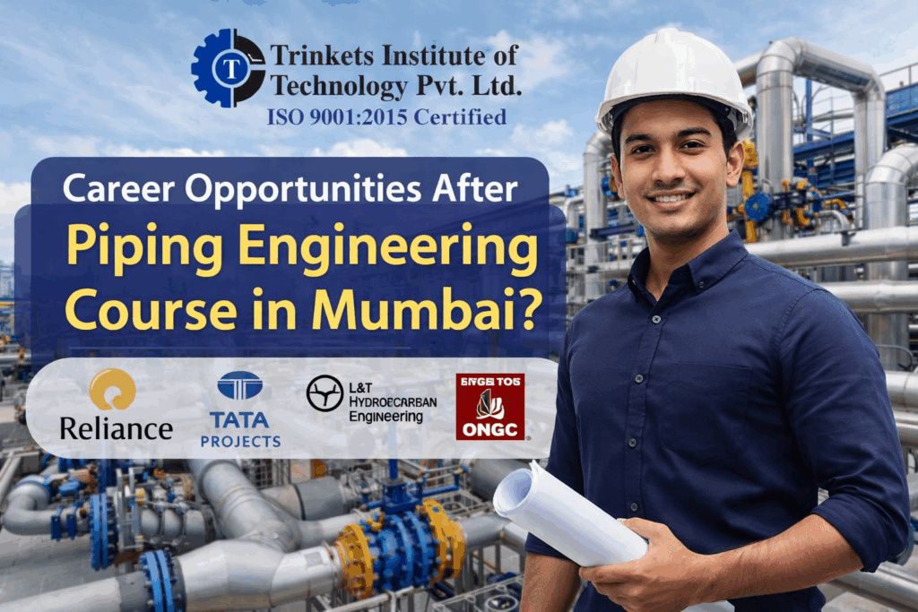 Career opportunities after piping engineering course in Mumbai featuring a professional engineer with industrial piping system background and Trinkets Institute of Technology logo
