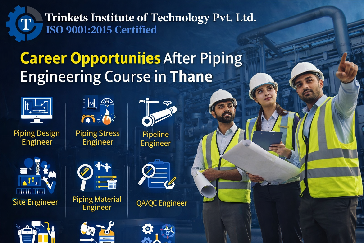 Career Opportunities After Piping Engineering Course in Thane promotional banner by Trinkets Institute of Technology Pvt. Ltd., featuring ISO 9001:2015 certification, industrial piping background, and engineers in safety gear highlighting roles like piping design engineer, stress engineer, pipeline engineer, site engineer, material engineer, and QA/QC engineer.