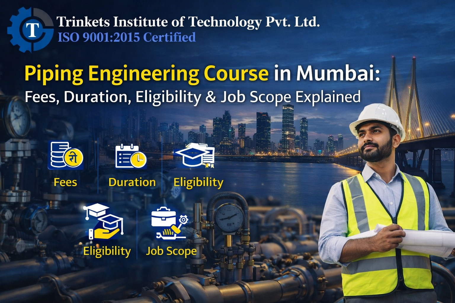 Piping engineering course in Mumbai with industrial pipeline background and Mumbai skyline, featuring an engineer in safety gear, representing fees, duration, eligibility, and job scope, associated with TIT India (Trinkets Institute of Technology Pvt. Ltd.).